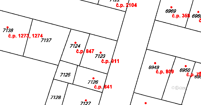 Jižní Předměstí 911, Plzeň na parcele st. 7123 v KÚ Plzeň, Katastrální mapa