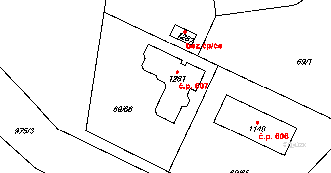 Velké Popovice 607 na parcele st. 1261 v KÚ Velké Popovice, Katastrální mapa