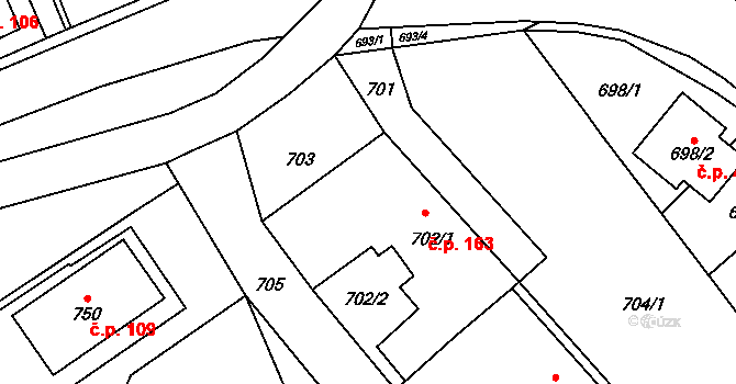 Fryšták 163 na parcele st. 702/1 v KÚ Fryšták, Katastrální mapa