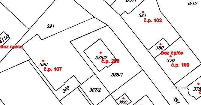 Chuchelná 258 na parcele st. 385/2 v KÚ Chuchelná, Katastrální mapa
