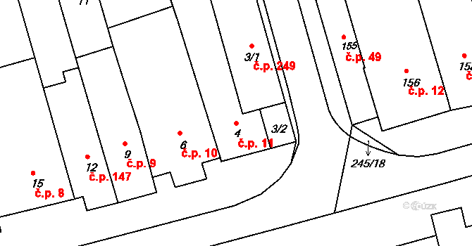 Hrušky 11 na parcele st. 4 v KÚ Hrušky u Brna, Katastrální mapa