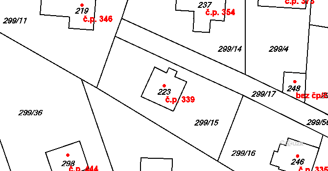 Tuchoměřice 339 na parcele st. 223 v KÚ Kněžívka, Katastrální mapa