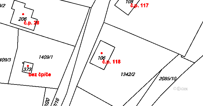 Kájov 118 na parcele st. 106 v KÚ Kladné, Katastrální mapa