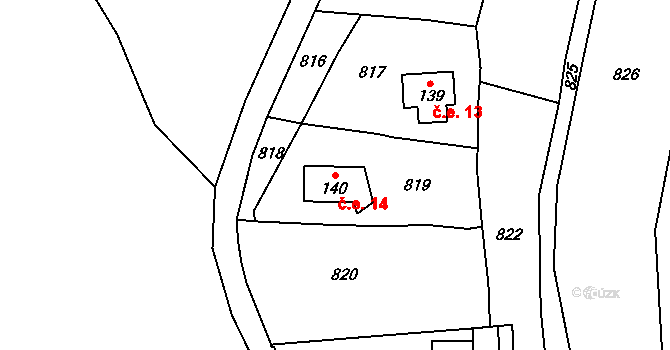 Lomec 14, Úmonín na parcele st. 140 v KÚ Lomec u Úmonína, Katastrální mapa