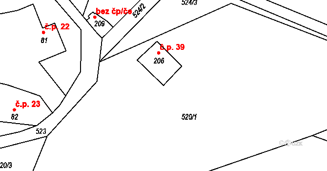 Zásadka 39, Boseň na parcele st. 206 v KÚ Boseň, Katastrální mapa