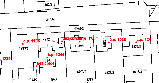 Čelákovice 175 na parcele st. 1940/3 v KÚ Čelákovice, Katastrální mapa