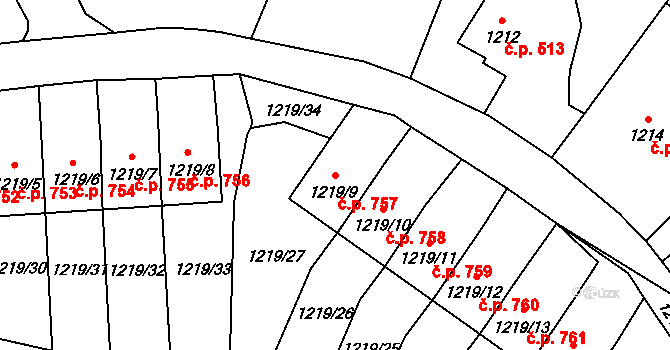 Doksy 757 na parcele st. 1219/9 v KÚ Doksy u Máchova jezera, Katastrální mapa