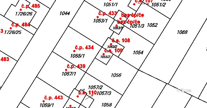 Hrušovany u Brna 109 na parcele st. 1055/2 v KÚ Hrušovany u Brna, Katastrální mapa