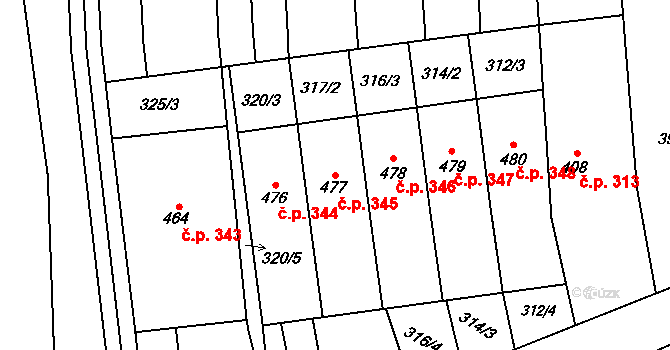 Žeravice 345 na parcele st. 477 v KÚ Žeravice u Kyjova, Katastrální mapa