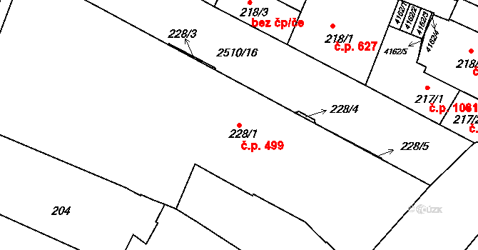 Kyjov 499 na parcele st. 228/1 v KÚ Kyjov, Katastrální mapa