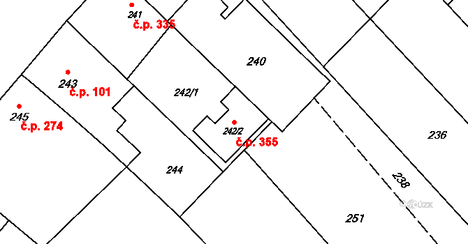 Šaratice 355 na parcele st. 242/2 v KÚ Šaratice, Katastrální mapa