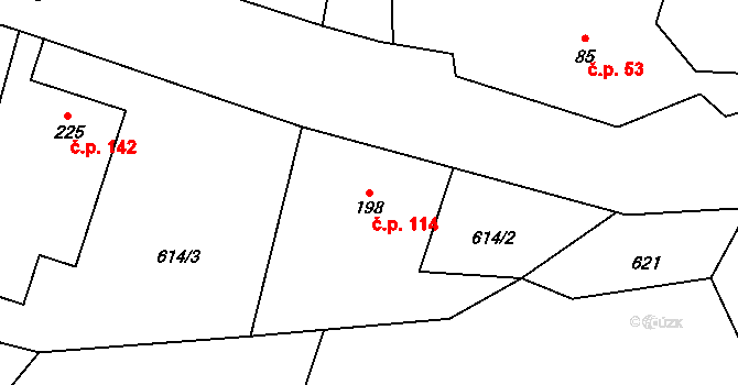Rychaltice 114, Hukvaldy na parcele st. 198 v KÚ Rychaltice, Katastrální mapa