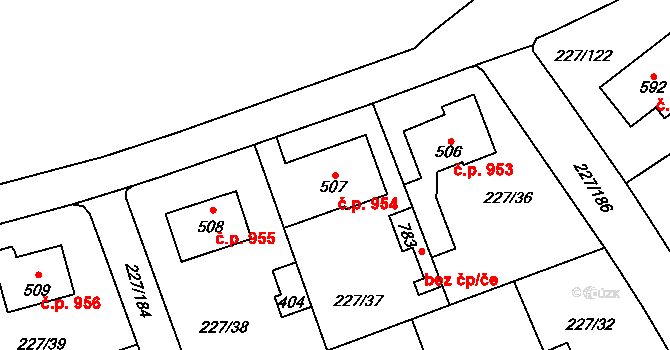 Švermov 954, Kladno na parcele st. 507 v KÚ Hnidousy, Katastrální mapa