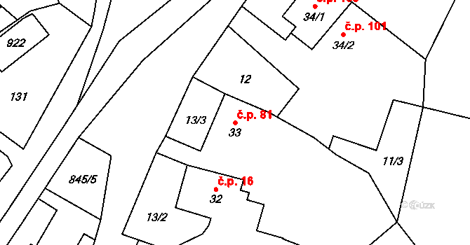 Břevenec 81, Šumvald na parcele st. 33 v KÚ Břevenec, Katastrální mapa