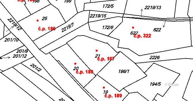 Týn nad Vltavou 187 na parcele st. 21 v KÚ Týn nad Vltavou, Katastrální mapa