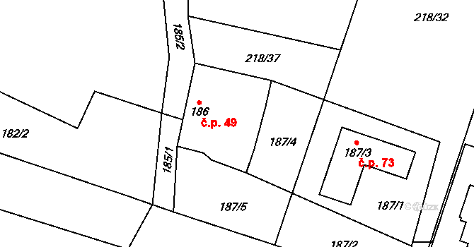 Hrdlořezy 49, Suchdol nad Lužnicí na parcele st. 186 v KÚ Hrdlořezy u Suchdola nad Lužnicí, Katastrální mapa
