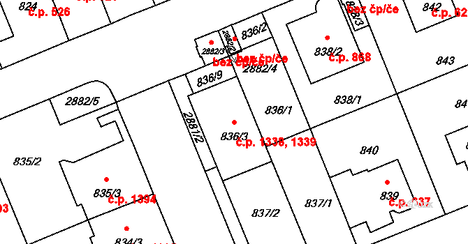 Braník 1338,1339, Praha na parcele st. 836/3 v KÚ Braník, Katastrální mapa