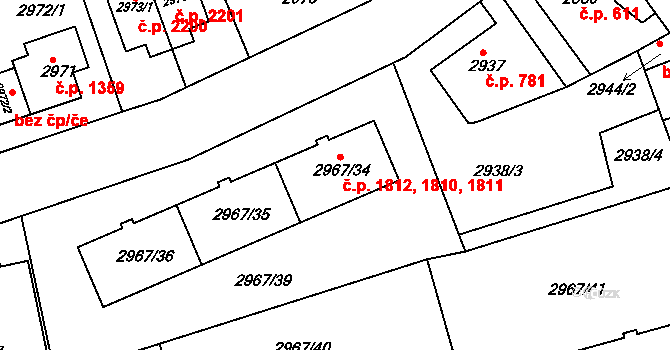 Modřany 1810,1811,1812, Praha na parcele st. 2967/36 v KÚ Modřany, Katastrální mapa