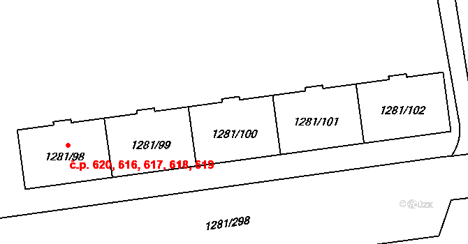 Vokovice 616,617,618,619,620, Praha na parcele st. 1281/100 v KÚ Vokovice, Katastrální mapa