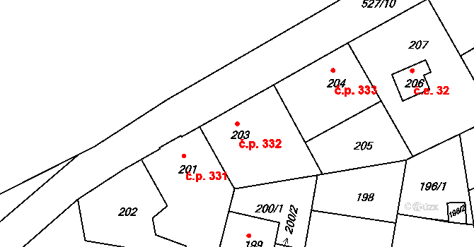 Hrdlořezy 332, Praha na parcele st. 203 v KÚ Hrdlořezy, Katastrální mapa