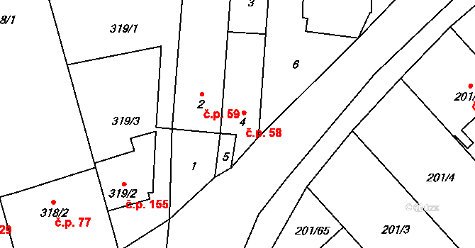 Popovice 58 na parcele st. 4 v KÚ Popovice u Rajhradu, Katastrální mapa