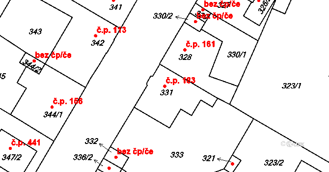 Křimice 183, Plzeň na parcele st. 331 v KÚ Křimice, Katastrální mapa