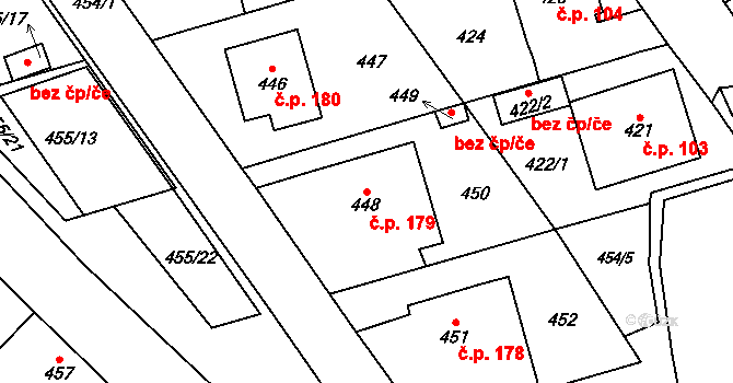 Medlov 179 na parcele st. 448 v KÚ Medlov, Katastrální mapa