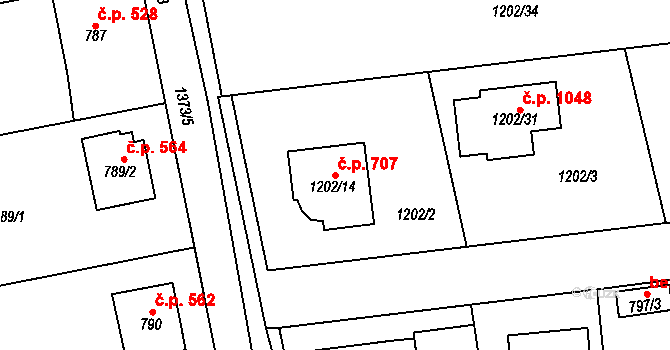 Vejprnice 707 na parcele st. 1202/14 v KÚ Vejprnice, Katastrální mapa