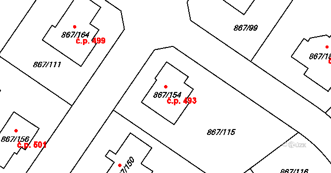 Hřebeč 493 na parcele st. 867/154 v KÚ Hřebeč, Katastrální mapa