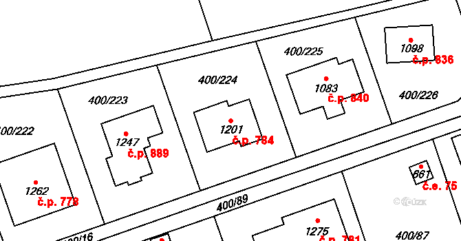 Horoměřice 784 na parcele st. 1201 v KÚ Horoměřice, Katastrální mapa