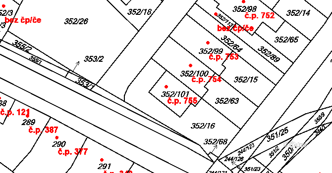 Hrušovany u Brna 755 na parcele st. 352/101 v KÚ Hrušovany u Brna, Katastrální mapa
