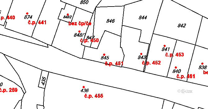 Jemnice 451 na parcele st. 845 v KÚ Jemnice, Katastrální mapa