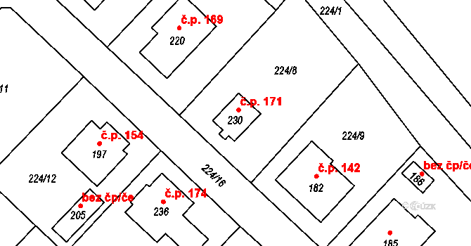 Valy 171 na parcele st. 230 v KÚ Valy nad Labem, Katastrální mapa
