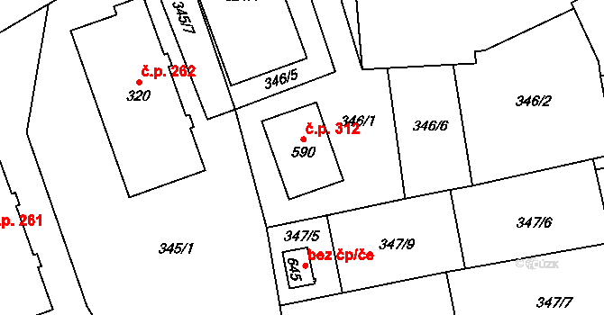 Čížkovice 312 na parcele st. 590 v KÚ Čížkovice, Katastrální mapa