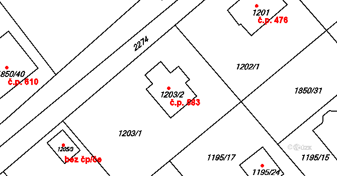 Krásné Pole 583, Ostrava na parcele st. 1203/2 v KÚ Krásné Pole, Katastrální mapa