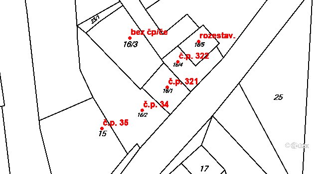 Jimramov 321 na parcele st. 16/1 v KÚ Jimramov, Katastrální mapa