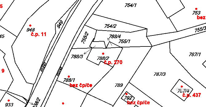 Hvozdná 270 na parcele st. 788/2 v KÚ Hvozdná, Katastrální mapa