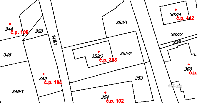 Bohuslavice 383 na parcele st. 352/3 v KÚ Bohuslavice u Hlučína, Katastrální mapa