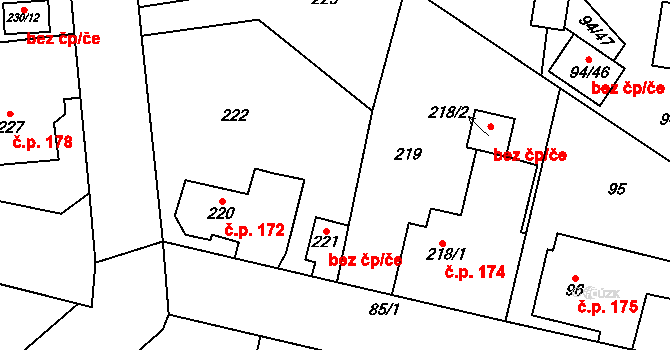 Zruč-Senec 45778108 na parcele st. 221 v KÚ Zruč, Katastrální mapa