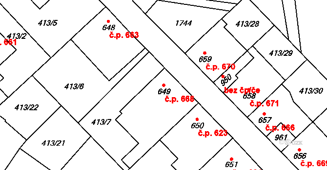 Lom 668 na parcele st. 649 v KÚ Lom u Mostu, Katastrální mapa