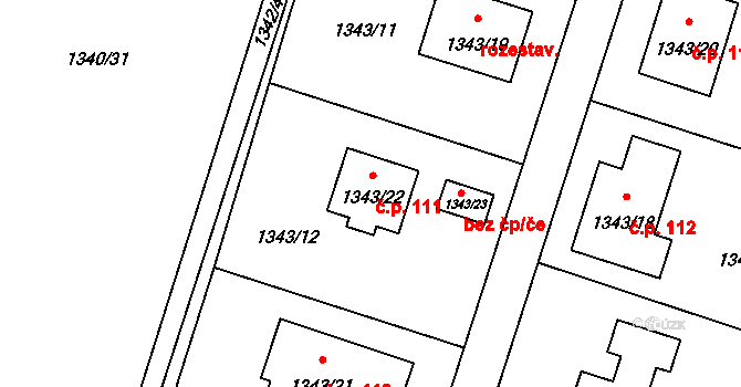 Mydlovary 111 na parcele st. 1343/22 v KÚ Mydlovary u Dívčic, Katastrální mapa