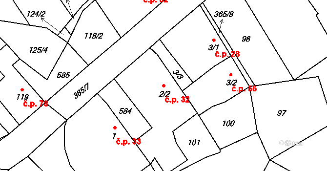 Žlebské Chvalovice 32 na parcele st. 2/2 v KÚ Žlebské Chvalovice, Katastrální mapa