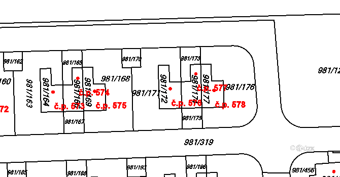 Písnice 576, Praha na parcele st. 981/172 v KÚ Písnice, Katastrální mapa