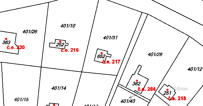 Čisovice 217 na parcele st. 652 v KÚ Čisovice, Katastrální mapa