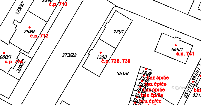 Sušice II 735,736, Sušice na parcele st. 1300 v KÚ Sušice nad Otavou, Katastrální mapa