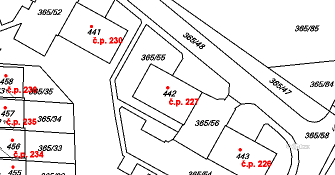 Hrádek 227 na parcele st. 442 v KÚ Hrádek u Rokycan, Katastrální mapa
