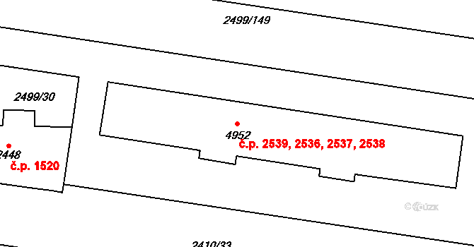 Zelené Předměstí 2536,2537,2538,2539, Pardubice na parcele st. 4952 v KÚ Pardubice, Katastrální mapa