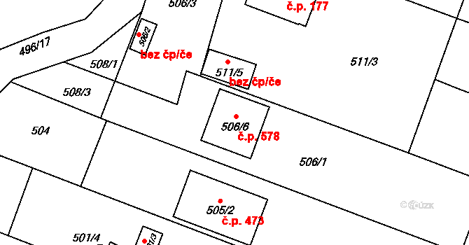 Slavonín 578, Olomouc na parcele st. 506/6 v KÚ Slavonín, Katastrální mapa