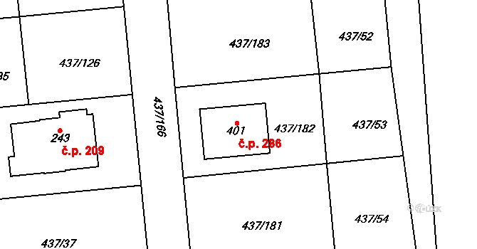 Úžice 286 na parcele st. 401 v KÚ Úžice u Kralup nad Vltavou, Katastrální mapa