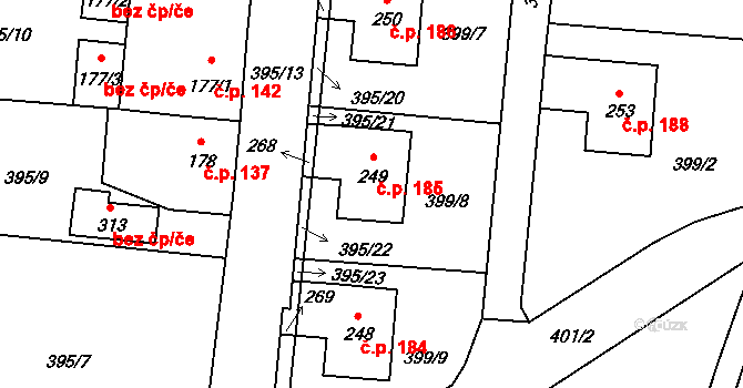 Měcholupy 185 na parcele st. 249 v KÚ Měcholupy u Žatce, Katastrální mapa